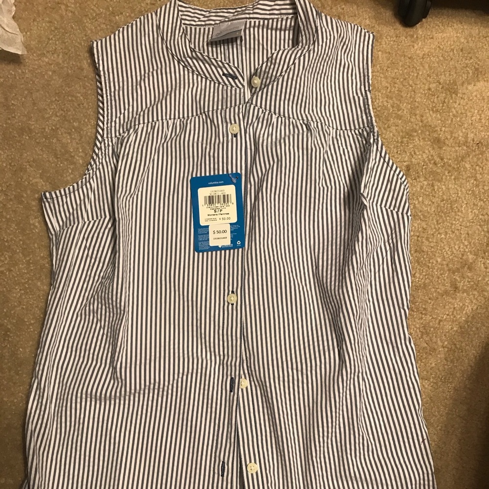 Women Columbia sleeveless blue white stripe shirt